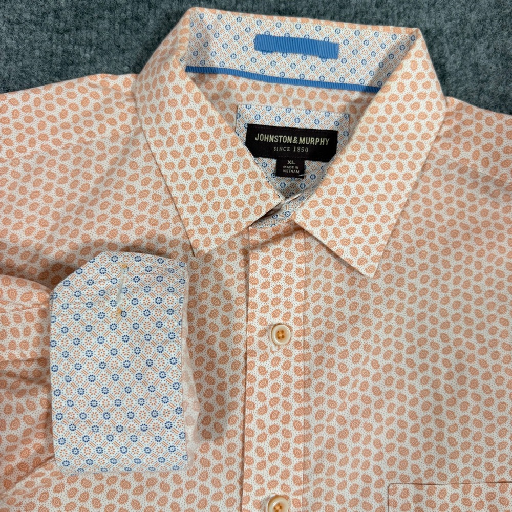 Johnston & Murphy Button Down Paisley Print Men XL Peach Cotton Shirt Flip Cuff